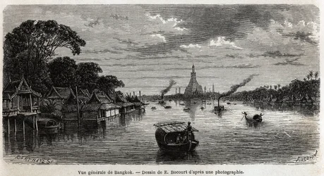 Översikt över Bangkok (Thailand), teckning av E.Bocour, för att illustrera Henri Mouhots resa till kungadömena Siam, Kambodja och Laos från 1858 till 1861. Gravyr i "" Le tour du monde", redigerad av Edouard Charton
