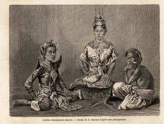 Siamesiska dramatiska konstnärer, teckningar av E.Bocour, för att illustrera Henri Mouhots resa in i kungadömena Siam, Kambodja och Laos från 1858 till 1861. Gravyr i "" Le tour du monde"", redigerad av Edouard Charton