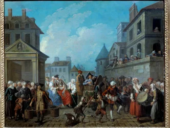 Karneval på gatorna i Paris Målning av Etienne Jeaurat (1699-1789) 1757. Dim 0,65 x 0,82 m Paris, Musee Carnavalet