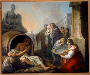 Diogenes krossar sin skål. Diogenes från Sinope, kallad cynikern (413-327 f.Kr.), grekisk filosof, överger sin skål efter att ha sett ett barn dricka vatten ur sina händer vid brunnen. Målning av Étienne Jeaurat (1699-1789), 1700-talet. Höjd 1,62 x 1,95