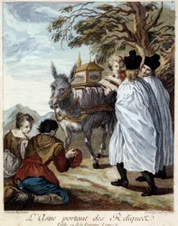 Åsnabärande reliker. Illustration till fabeln av Jean de La Fontaine. Målning av Etienne Jeaurat (1699-1789)