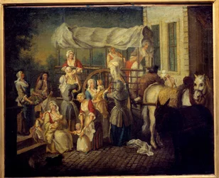 Sjuksköterskornas ankomst Målning av Etienne Jeaurat (1699-1789) Laon från 1700-talet, kommunalt museum