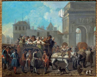 Uppförandet av glädjeflickorna i Salpetriere, passagen genom portarna till Saint Bernard. Det nuvarande Salpetriere-sjukhuset var ursprungligen ett fängelse och ett hospice för kvinnor. Målning av Etienne Jeaurat (1699-1789) 1757 Dim. 0,65 x 0,82 m Paris, 