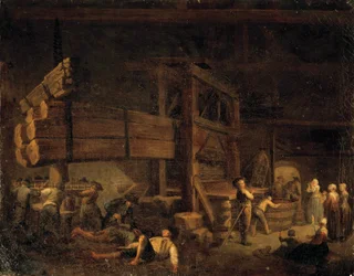 Vintillverkning: "" Pressning i Vermenton, Jeauratpressen i Bourgogne"" Målning av Etienne Jeaurat (1699-1789) 1700-tal. Beaune