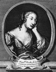 Medaljongporträtt av Marie-Madeleine Pioche de La Vergne, Comtesse de La Fayette (1634-1693), fransk romanförfattare, gravyr av Etienne Jehandier Desrochers (1668-1741)