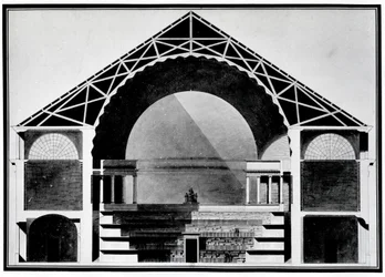 Frankrikes kungliga bibliotek, sektionsritning av byggnaden. Arkitektur av Étienne-Louis Boullée, fransk arkitekt (1728-1799).
