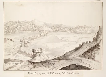 Utsikt över bron vid Avignon med utsikt mot Villeneuve, tidigt 1600-tal