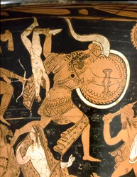 Etruskisk forntid: klockkrater som skildrar Trojas förstörelse: detalj som visar Neoptolemos kasta Astyanax, Hektors son, över murarna. Från Falerii Veteres (Civita Castellana). 350-300 f.Kr. Rom, Museo Nazionale di Villa Giulia