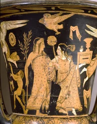 Etruskisk forntid: klockkrater som skildrar Trojas förstörelse: detalj med Dionysos och Ariadne. Från Falerii Veteres (Civita Castellana). 350-300 f.Kr. Rom, Museo Nazionale di Villa Giulia