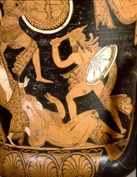 Etruskisk forntid: klockkrater med en framställning av Trojas förstörelse: detalj med Priamos som dödas av Neoptolemos. Från Falerii Veteres (Civita Castellana). 350-300 f.Kr. Rom, Museo Nazionale di Villa Giulia