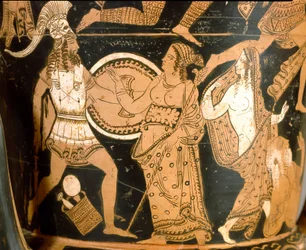 Etruskisk forntid: klockkrater som föreställer Trojas förstörelse: detalj med Menelaos vänd mot Afrodite, Helena är avbildad till höger. Från Falerii Veteres (Civita Castellana). 350-300 f.Kr. Rom, Museo Nazionale di Villa Giulia