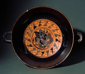 Antik etruskisk: terrakottakopp som representerar kampen mellan Hercules och marinmonstret Triton. Från Tarquinia. 550 f.Kr. Tarquinia, Museo Archeologico