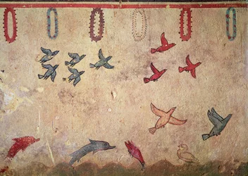 Vattenfåglar och hoppande delfiner, från jakt- och fiskegraven, c.520-10 f.Kr. (väggmålning)