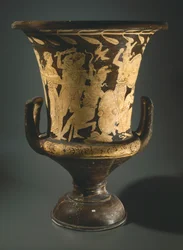 Calyx-krater (stor vas). Rödfigurkeramik från Perugia (Umbria). Etruskisk civilisation, 400-talet f.Kr.