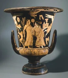 Calyx-krater (stor vas) av målaren av Nazzano. Keramik med röd figur. Etruskisk civilisation, 400-talet f.Kr.