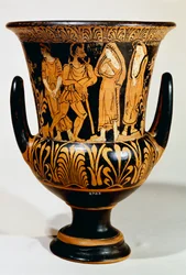 Calyx-krater (stor vas) av Turmuca-målaren som visar en scen från underjorden med Charon och flickor. Rödfigurkeramik från Vulci (Lazio). Etruskisk civilisation, 330-300 f.Kr.