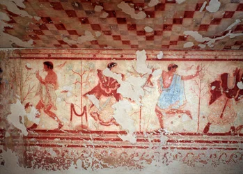 Dansare och musiker under en bankett. Fresker av Tomba del triclinium, 500-talet f.Kr