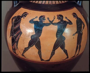 Etruskisk civilisation: Terracotta amphora decoree d"une scene de pugilat, detalj 550-500 f.Kr. Från krigarens grav i Vulci, Italien
