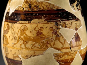 Etruskisk antikvitet: olpe i lera (päronformad kanna med en trumpetformad hög krage) känd som Olpe Chigi i polykrom protokoryntisk stil dekorerad av målaren av Macmillan, 640-630 f.Kr. Detalj som visar en scen av lejonjakt. Från Veio. Rom, Museo