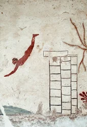Etruskisk konst: En ung simmare som dyker. Fresk av "dykarens grav". Detalj. Från Paestums södra kyrkogård. 480-470 f.Kr. Museo Archeologico Nazionale, Paestum