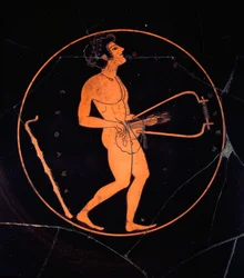 Etruskisk konst: svart kylix i terrakotta, dekorerad med en framställning av en lyraspelare. Från De grekiska vasernas grav. Banditaccia-nekropolen. Cerveteri. 6:e eller 5:e århundradet f.Kr. Rom, Museo Nazionale di Villa Giulia