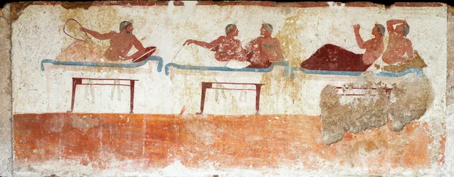 Etruskisk konst: bankettscen - Fresk från ”Dykarens grav” på den södra begravningsplatsen i Paestum, 480-470 f.Kr. - Nationella arkeologiska museet, Paestum