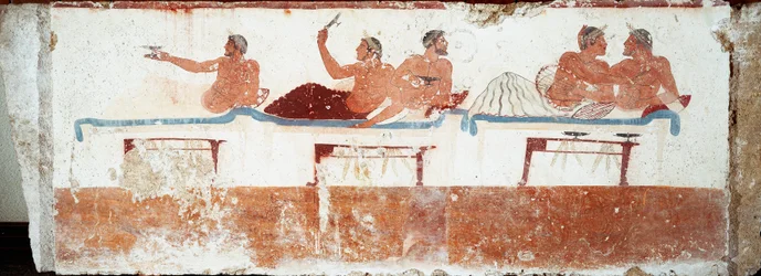 Etruskisk konst: bankettscen. Fresk från ”Dykarens” grav. Från den södra nekropolen i Paestum. 480-470 f.Kr. Nationella arkeologiska museet, Paestum