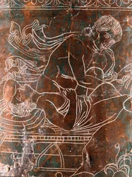 Etruskisk konst: detalj av Ficoroni-cistan i brons med legenden om argonauterna: skeppet Argo. Från Praeneste (Palestrina). 340 f.Kr. Museo Nazionale di Villa Giulia, Rom