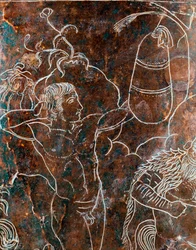 Etruskisk konst: detalj av Ficoroni-cistan i brons med en framställning av legenden om argonauterna: en argonaut som tränar boxning. Från Praeneste (Palestrina). 340 f.Kr. Museo Nazionale di Villa Giulia, Rom