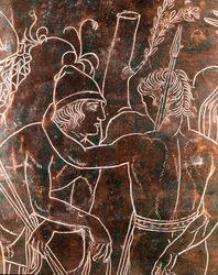 Etruskisk konst: detalj av Ficoroni-cistan i brons med en framställning av legenden om argonauterna. Från Praeneste (Palestrina). 340 f.Kr. Museo Nazionale di Villa Giulia, Rom