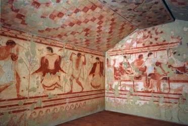 Etruskisk konst: fresker som visar bankettscener. Trikliniums grav. 500-talet f.Kr. National Archaeological Museum of Tarquinia Italien