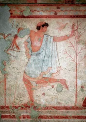 Etruskisk konst: fresker som representerar bankettscener, detalj som representerar en dansare. Trikliniums grav. 500-talet f.Kr. National Archaeological Museum of Tarquinia Italien