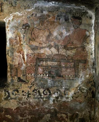 Etruskisk civilisation: Larth Velcha och hans hustru Velia Seithi avbildade vid en bankett på en fresk i „Scudi“-graven (Tomba degli Scudi), 340 f.Kr. Monterozzi-nekropolen, Tarquinia, Italien