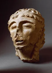 Etruskisk civilisation: Terrakottamannens huvud. 550-530 f.Kr. Från det andra palatset i Murlo. Depositi Soprintendenza Archeologica del 
