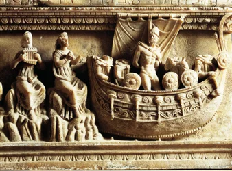 Etruskisk civilisation, alabaster urna, detalj av relief föreställande Odysseus och sirener