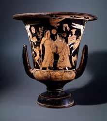 Etruskisk civilisation: terrakottakraterdekor av målaren av Nazzano representerande Apollo och en menad, 350 f.Kr. Dim 57 cm, Från platsen för Civita Castellana
