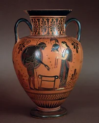 Etruskisk civilisation: terrakottahydria som representerar Thetis som överlämnar vapen till sin son Akilles, 550-500 f.Kr. från Cerveteri, Italien