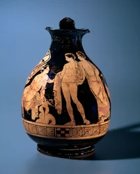 Etruskisk civilisation: terrakotta oenocho dekoreras vid verkstaden för målaren av Alcesti som representerar en ung man som sitter och pratar med två andra personer stående, 360-340 f.Kr. från Tarquinia, Italien