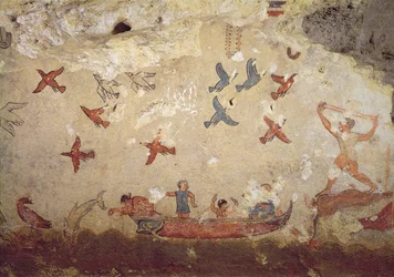 Fiskare i en båt och fåglar som flyger, från fisketomten, ca 520-510 f.Kr. (väggmålning)