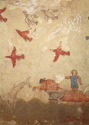 Fiskebåt, från jakt- och fiskegraven, c.520-10 f.Kr. (väggmålning)