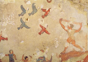 Fågeljägare, från jakt- och fiskegraven, c.520-10 f.Kr. (väggmålning)