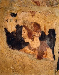 Italien, regionen Latium, Tarquinia (Viterbo-provinsen), etruskisk nekropol, Orcus grav, detalj av bankettscen med porträtt av kvinna känd som Velia Velcha (Velia Spurinas), fru till Arnth Velcha, fresk