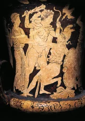 Italien, Umbrien, Perugia, röd-figur calyx krater (vas som används för att blanda vin och vatten) föreställande Herakles som träffar en Amazonas, målad av Vulciskolan, 330/300 f.Kr.