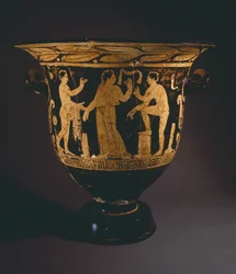 Krater (stor vas) av Nepi-målaren. Rödfigurkeramik från Corchiano (Lazio). Etruskisk civilisation, 400-talet f.Kr.