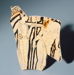 Kylix av Villia Giulia-målaren, fragment. Rödfigurig keramik. Etruskisk civilisation, 400-talet f.Kr.
