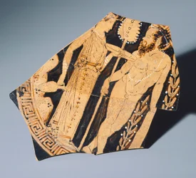 Kylix av Villia Giulia-målaren, fragment. Rödfigurig keramik. Etruskisk civilisation, 400-talet f.Kr.