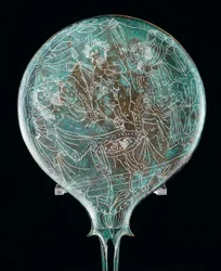 Spegel föreställande bankettscen, bronsartefakt från Preneste (Lazio). Etruskisk civilisation, 400-talet f.Kr.
