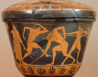 Pyxis med idrottare i gymmet. Rödfigurkeramik, från Cerveteri (Lazio). Etruskisk civilisation, 400-talet f.Kr.