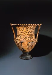 Röd-figur calyx krater (vas som används för att blanda vin och vatten) föreställande ett mänskligt ansikte