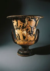 Keramik med röd figur, blomkålskrater föreställande Neoptolemus, Astyanax, Helen av Troja och Priamo på marken, av Nazzano Painter, från Civita Castellana